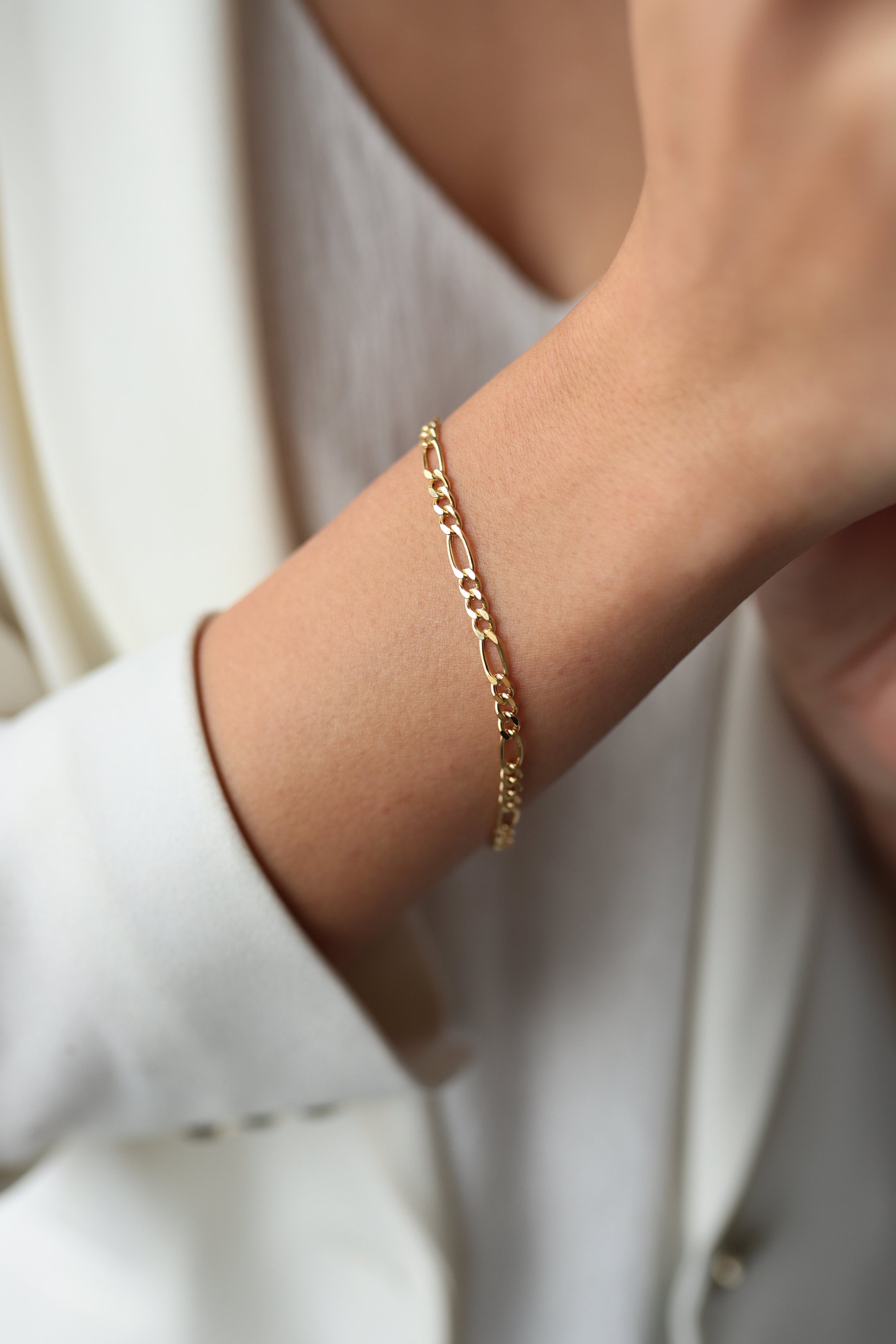 Real Gold Figaro Chain 4mm 14K Gold Figaro Chain Bracelet Chain Bracelet Arm Stacking