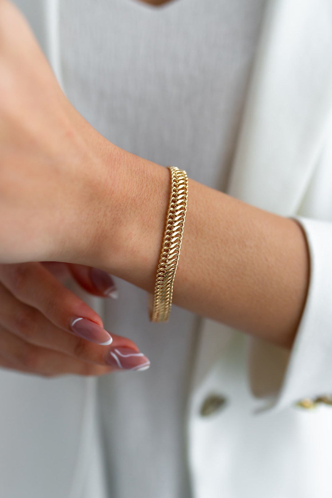 Double Curb Chain 14k Real Gold Bracelet, Mm Chain Bracelet