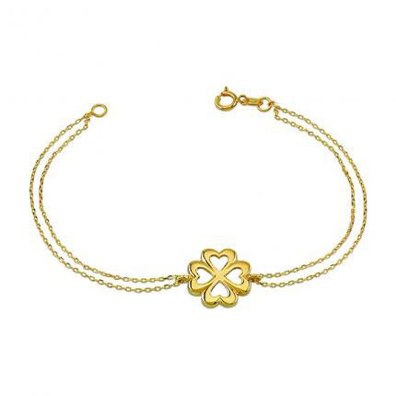 14K Real Gold Fashion Lucky Leaf Clover Bracelet