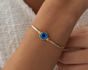 Pulsera de ojo malvado de oro auténtico de 14 quilates, pulsera de cadena de serpiente de oro con dije de ojo malvado, estilo protector, regalo perfecto, joyería de oro para uso diario.
