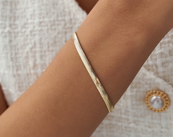 Pulsera de oro macizo de 14 k con cadena de serpiente, ancho de 4,3 mm, pulsera de espiga pulida, pulsera de serpiente hecha a mano, pulsera de oro real