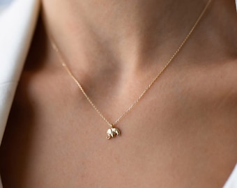 14k Solid Gold Elephant Necklace, Tiny Elephant Necklace, Wealthy Symbol Necklace, Dainty Jewelery, Minimalist Design, Good Fortune Necklace