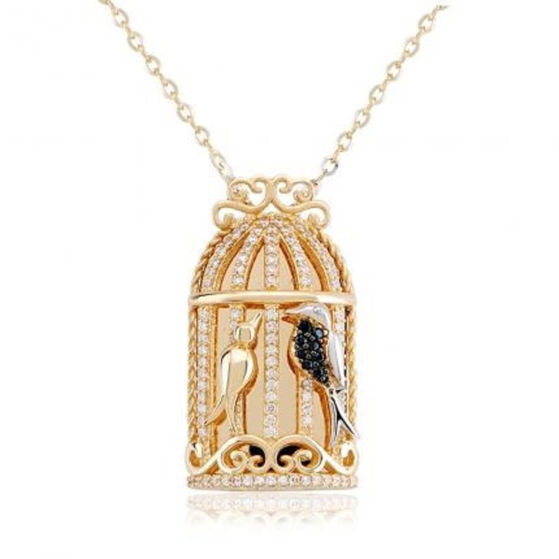 Birds on Cage 14k Solid Gold Necklace Special Necklace Best Etsy