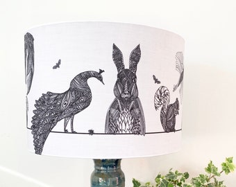Woodland Animal Lampshade - White Lining | Ceiling Shade | Table Lamp | Pendant Lampshade | Drum Lampshade | Rabbit | Squirrel | Owl Shade