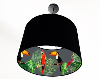 Lampshade With A Tropical Rainforest Lining | Ceiling Shade | Table Lamp | Drum Lampshade | Pendant Lampshade | Inside Out | Parrot | Light