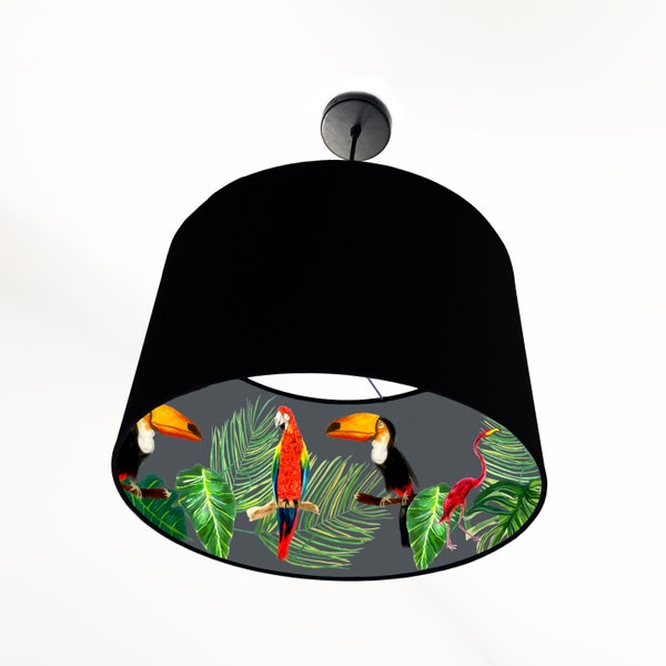 Lampshade With A Tropical Rainforest Lining | Ceiling Shade | Table Lamp | Drum Lampshade | Pendant Lampshade | Inside Out | Parrot | Light