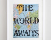 The World Awaits, Travel Theme Nursery, Vintage Map Unique Print, Something Blue,Travel Theme, Nursery Art, Map Print