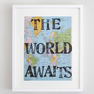 The World Awaits, Travel Theme Nursery, Vintage Map Unique Print, Something Blue,Travel Theme, Nursery Art, Map Print