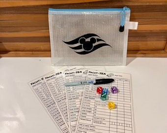 Yacht-Sea game! 4 laminated game cards, 5 colorful dice, dry erase marker and cruise-themed bag!