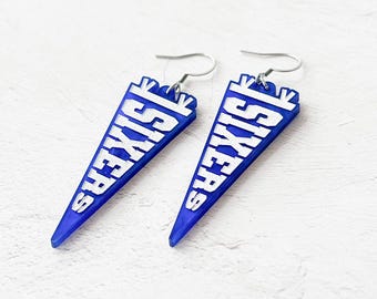 Sixers Pennant Flag Earrings, Philadelphia Basketball Fan Jewelry, Marbled Blue Acrylic Sports Earrings