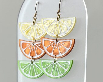 Hand-Painted Citrus Trio Statement Earrings, Lemon Orange Lime Acrylic Jewelry