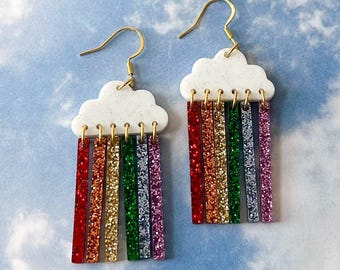Colorful glitter rainbow acrylic statement earrings, sparkly pride jewelry, unique lightweight earrings