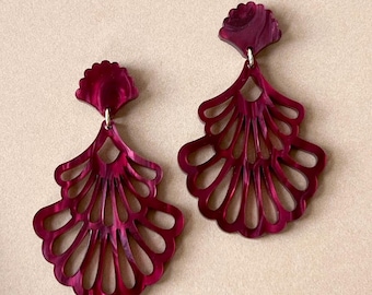 Burgundy Pearl Acrylic Dangle Earrings, Vintage Inspired Statement Jewelry