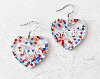 Sixers Heart Earrings, Red White and Blue Glitter, Philly Basketball Jewelry, Sports Fan Gift