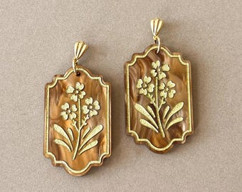 WINIFRED// Brown and gold floral acrylic earring, vintage wallpaper inspired jewelry, classy statement earring