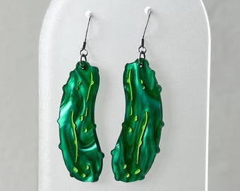 Pickle lover earrings, green pickle accessories, food lover statement earrings, lightweight foodie earrings, hand painted pickle dangle