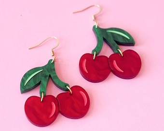 Cherry statement earrings, fruit dangles, spring jewelry, red lightweight acrylic earrings