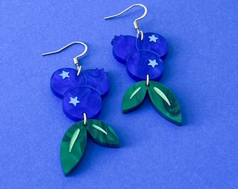 Blue blueberry statement earrings, lightweight fruit jewelry, spring earrings