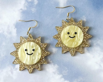 Happy Sun Glitter Earrings, Gold Pearl Acrylic, Lightweight Summer Jewelry
