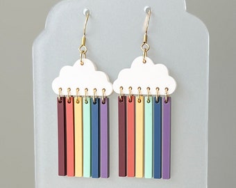 Muted Rainbow Cloud Earrings, Matte Acrylic Dangle Earrings