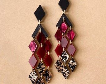 JENNIFER// Burgundy statement earrings, cascading diamond dangle earrings, black and gold glitter acrylic jewelry