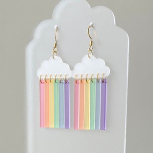 Colorful pastel rainbow acrylic statement earrings, rainbow laser cut, pride jewelry, lightweight rainbow jewelry, unique plastic earrings
