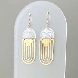 SYLVIA//Art deco inspired brass dangle earrings, etched design statement earrings, geometric laser cut jewelry, classy lightweight earrings