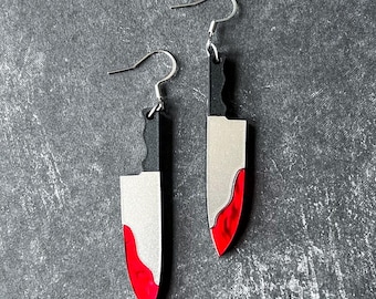 Bloody knife statement earrings, badass acrylic jewelry, spooky halloween earrings, femme fatale jewelry, lightweight earrings