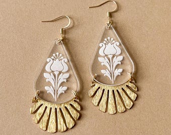 MARI//Floral Acrylic Earrings, Brass Pendant, Art Nouveau Style