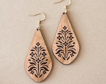 ELEANOR//Vintage Floral Cherry Wood Earrings – 1950s Wallpaper Inspired Design