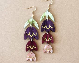 Tiered Tulip Acrylic Earrings, Gold Painted Flower Dangles, Muted Spring Statement Jewelry