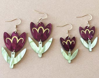 Burgundy Pearl Acrylic Tulip Earrings, Hand Painted Gold Details, Spring Floral Jewelry