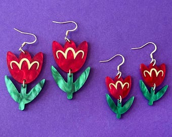 Red Pearl Acrylic Tulip Earrings, Hand Painted Gold Details, Spring Floral Jewelry