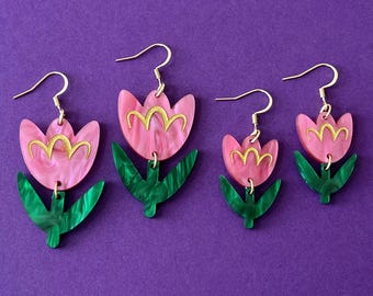 Pink Tulip Acrylic Earrings, Hand Painted Floral Jewelry, Whimsical Spring Statement