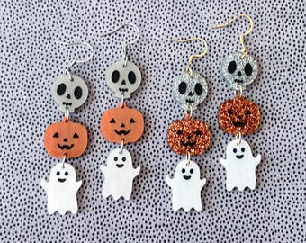 Halloween statement dangle earrings, pumpkin acrylic earrings, spooky ghost jewelry, gray pearl skull dangle, lightweight earrings