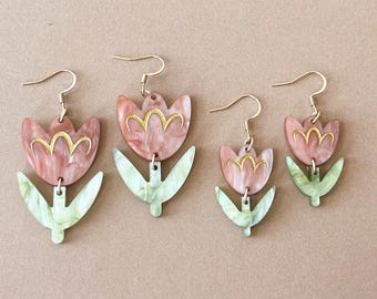 Light Pink Pearl Acrylic Tulip Earrings, Hand Painted Gold Details, Spring Floral Jewelry