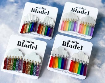 Cloud Rainbow Statement Earrings, Pastel Multicolor Studs, Stainless Steel Posts