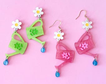 Whimsical Watering Can Flower Dangle Earrings, Pink Green Acrylic Spring Gardener Gift