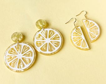 Hand-Painted Yellow Marbled Pearl Acrylic Lemon Slice Earrings