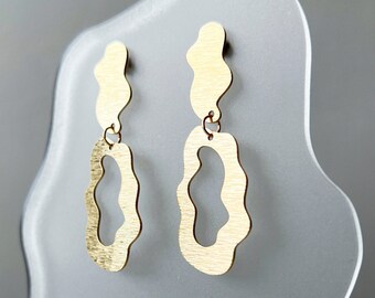 Textured brass abstract dangle earring, wiggle statement earring, funky jewelry, lightweight earrings, gifts for her