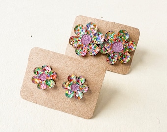 Ditzy glitter flower studs, colorful flower earrings, multicolor glitter floral studs, laser cut studs, cute earrings, daisy stud earrings