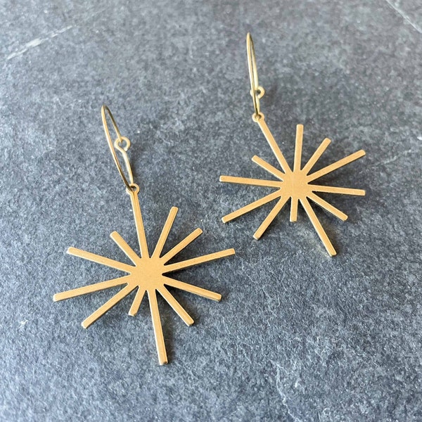 Brass starburst earrings, star hoops, celestial jewelry, brass earrings, modern hoops, lightweight earrings