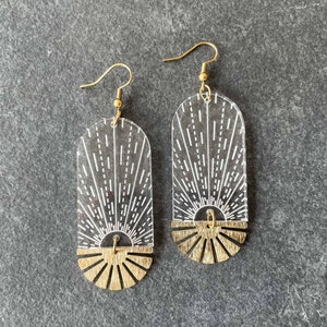 Celestial statement earrings, brass sun jewelry, acrylic dangle earrings, laser cut jewelry, sunburst earrings image 3