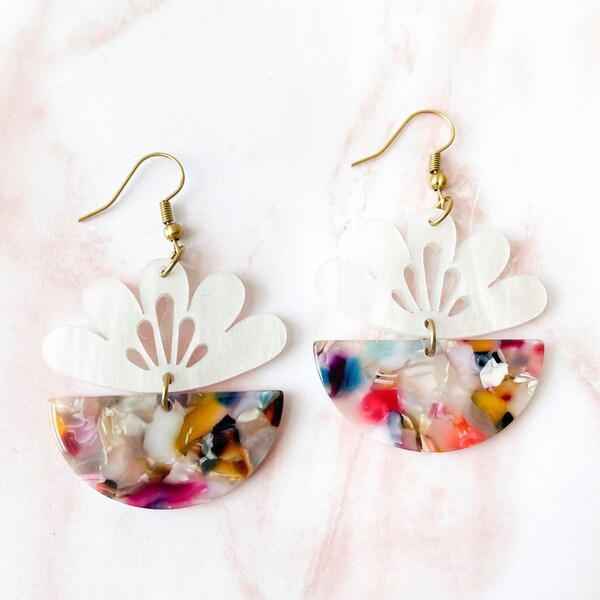 FINAL SALE - Flower statement earrings, white pearl earrings, multicolor acrylic earrings, semicircle earrings, lightweight earrings