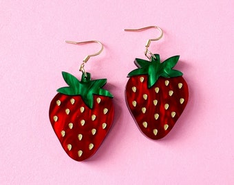Laser Cut Pearl Acrylic Strawberry Earrings, Hand Painted Gold Details