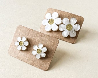 Ditzy pearl flower studs, cream flower earrings, subtle floral studs, laser cut studs, cute earrings, daisy stud earrings