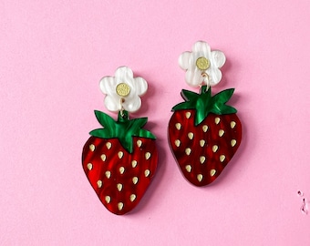 Strawberry Flower Earrings, Hand Painted Gold, Pearl Acrylic Summer Jewelry