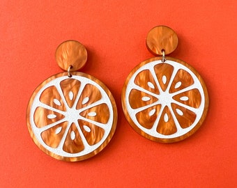 Orange slice earrings, orange acrylic earrings, tropical jewelry, summer earrings, lightweight earrings, circle earrings, gifts for her