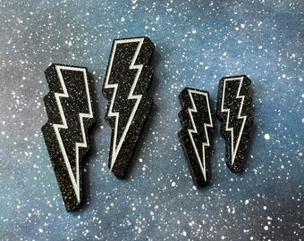 Glitter lightning statement studs, black glitter earrings, silver lightning bolt jewelry, glam studs, sparkly earrings, lightweight jewelry