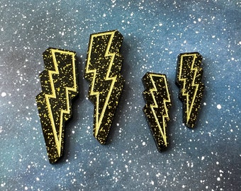 Glitter lightning statement studs, black glitter earrings, gold lightning bolt jewelry, glam studs, sparkly earrings, lightweight jewelry